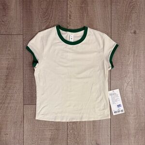 Lululemon Organic Cotton Ringer Baby Tee - M - Light Ivory/Racecar Green